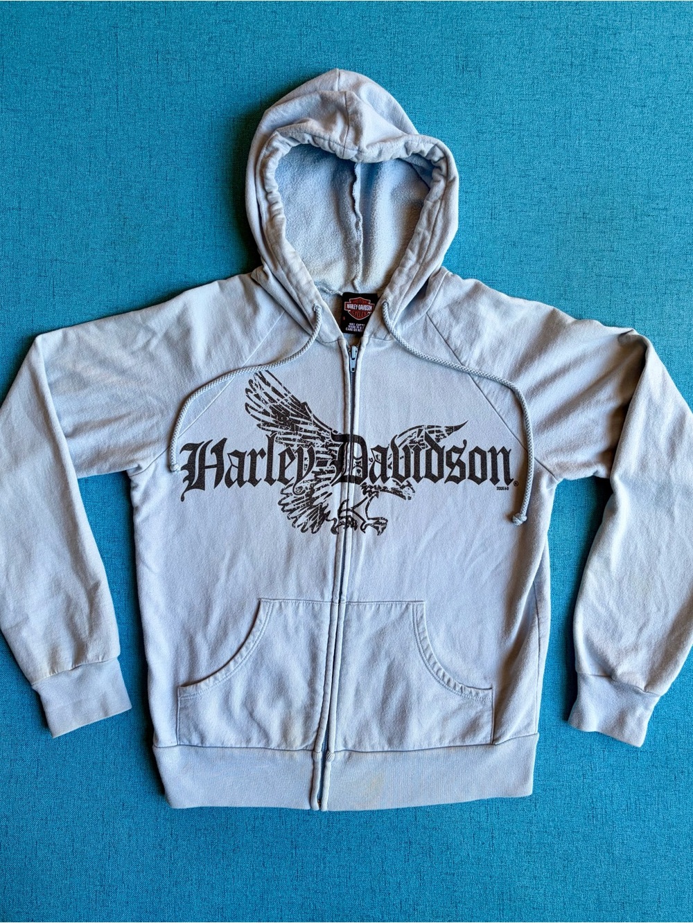 Harley-Davidson Light Blue Woman’s Small Y2K Zip-Up Hoodie with Eagle Chest Logo